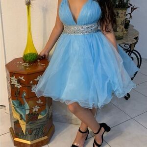 Blue Embellished Ruffled Fit and Flare Dress